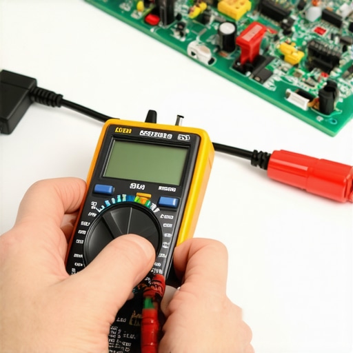 Technician testing a computer power supply with a digital multimeter in a workshop.
