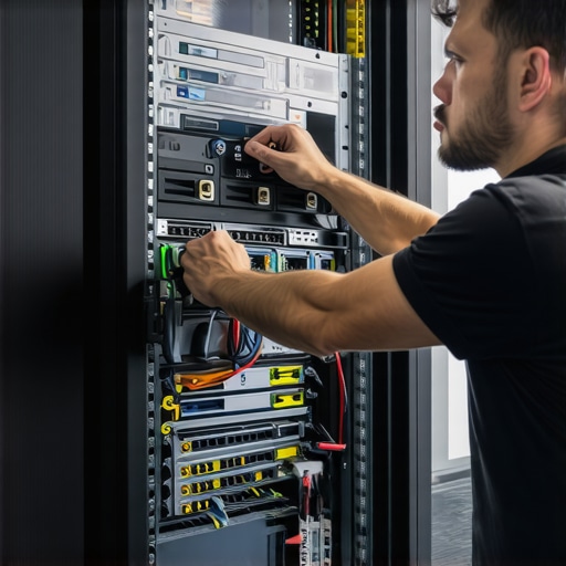 Professional Hardware Maintenance in Progress IT technician performing hardware checkup on server equipment.
