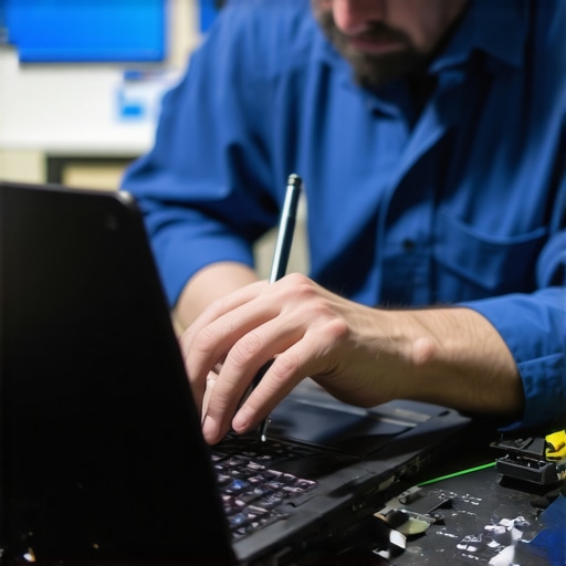 Technician performing hardware diagnostics on a laptop using specialized tools