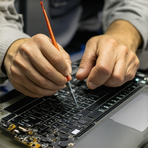 Technician repairing a laptop screen with specialized tools, showcasing the importance of quality hardware in maintenance.