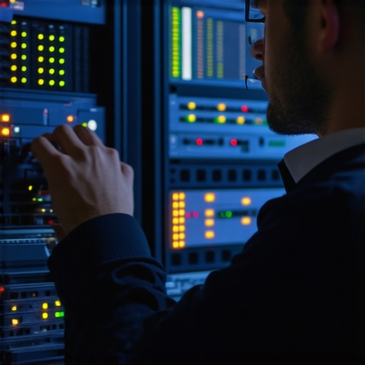 Technician configuring a high-end router with LED indicators and monitoring screens