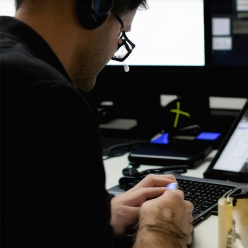 Technician using diagnostic hardware on a laptop in an office.