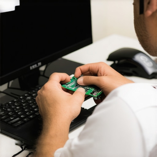 Technician testing a motherboard with diagnostic hardware in a modern repair lab