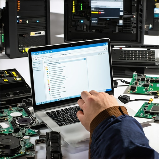 Technician performing drive diagnostics with software and hardware tools.