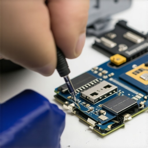Technician fixing a bent USB connector with precision tools