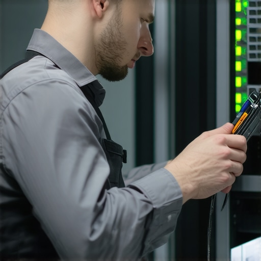 IT technician using diagnostic equipment on servers at a data center.