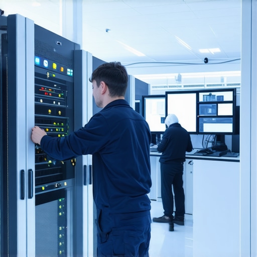 Technicians working on server hardware with monitoring screens