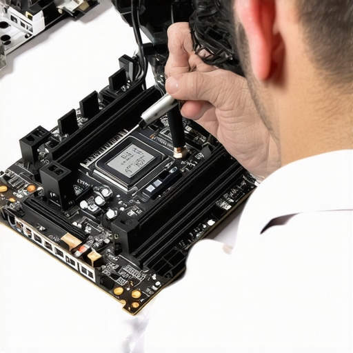 Technician using diagnostic tools to inspect computer motherboard for preventive maintenance