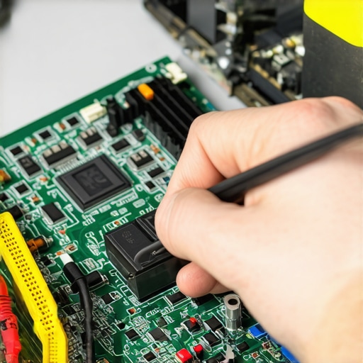 Technician performing hardware diagnostics on a computer motherboard with specialized tools