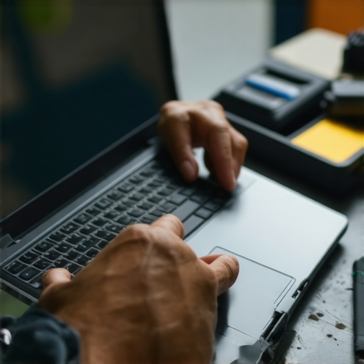 Technician using tools and software to diagnose laptop hardware issues.