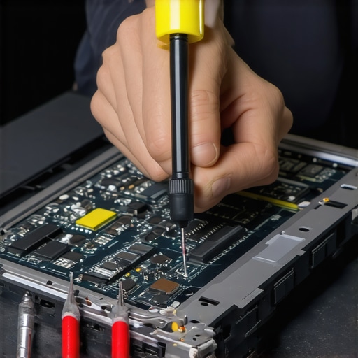 Close-up of technician's hands fixing a laptop screen with repair tools