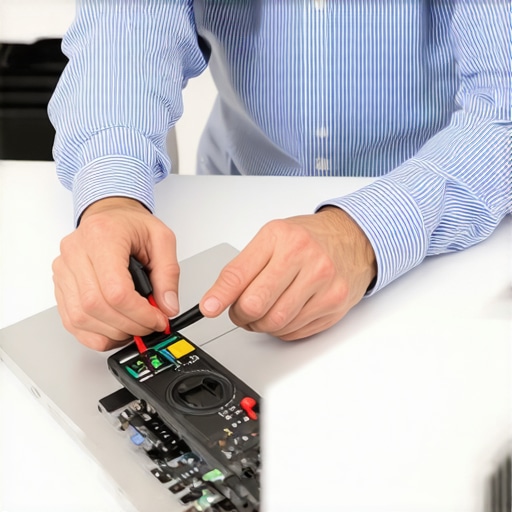 Technician using multimeter to verify laptop charger voltage