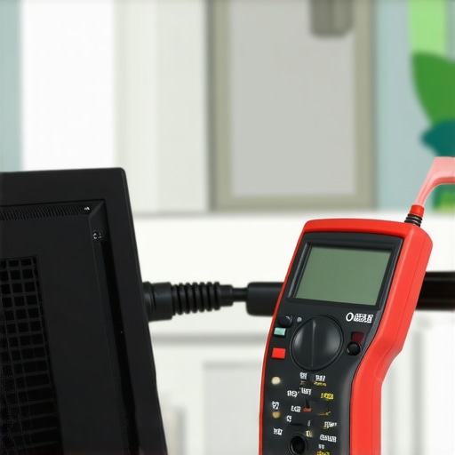 Close-up of a technician using a multimeter to test a computer power switch for continuity