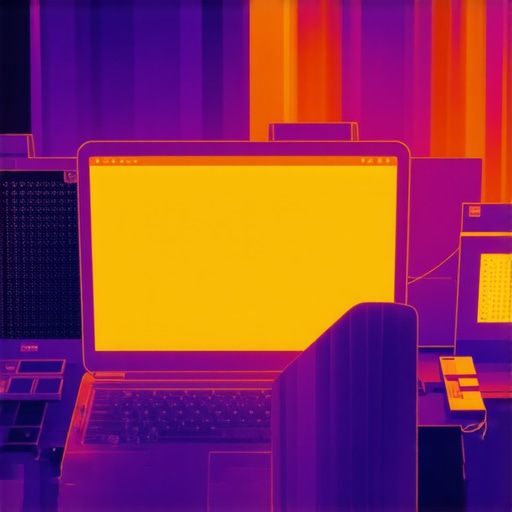 Thermal camera view highlighting hot spots inside a laptop for maintenance purposes.