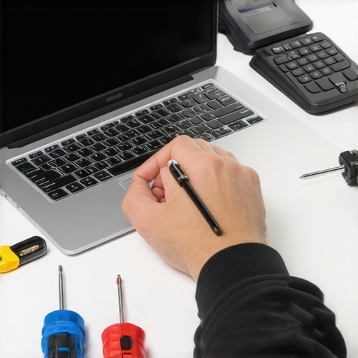 A technician's workspace showing screwdrivers, anti-static wrist strap, and diagnostic tools for laptop repair.