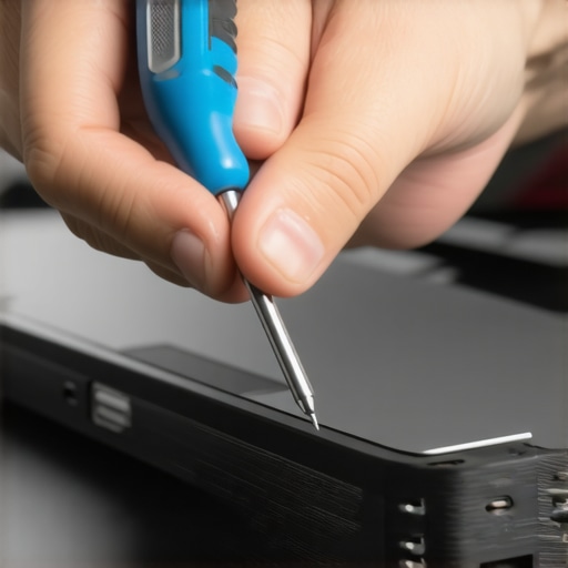 Using Precision Screwdriver on Stripped Laptop Screw Person carefully unscrewing a stripped screw from a laptop with a precision screwdriver.