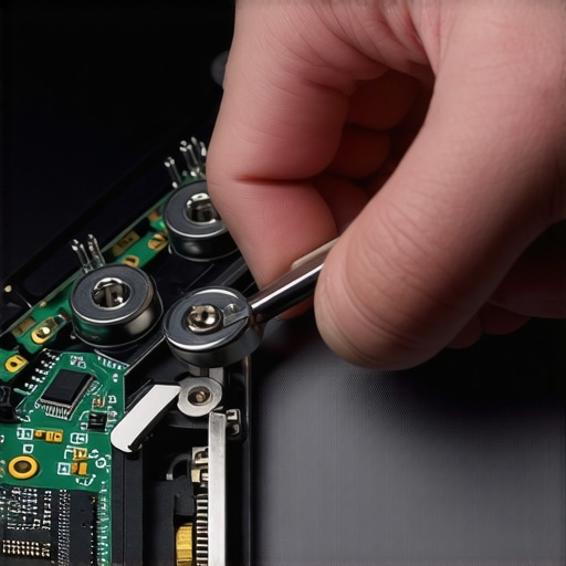 Technician adjusting the tension nut on a laptop hinge to prevent frame damage.