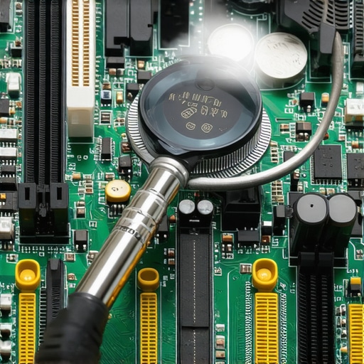 Close up of a motherboard being inspected with professional repair tools.