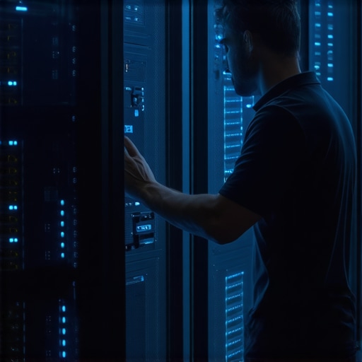 A technician verifying server health in a modern data center to prevent data loss.