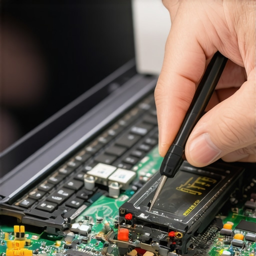 Technician testing a laptop motherboard with a multimeter to diagnose power issues