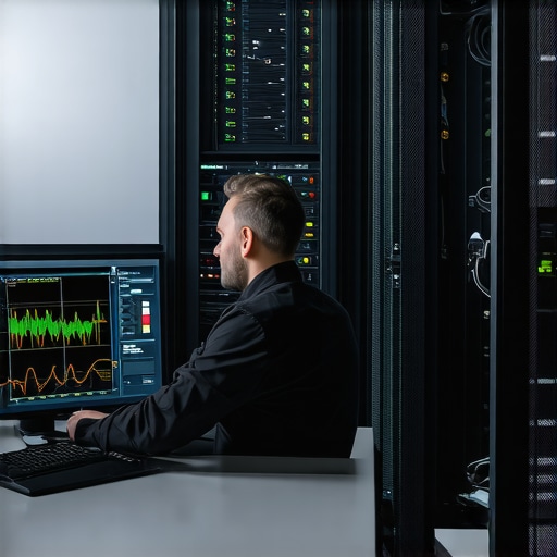 A technician analyzes server diagnostic data and hardware health on multiple monitors