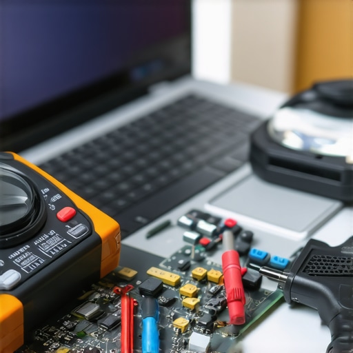 Technician using a multimeter to diagnose a laptop motherboard failure.
