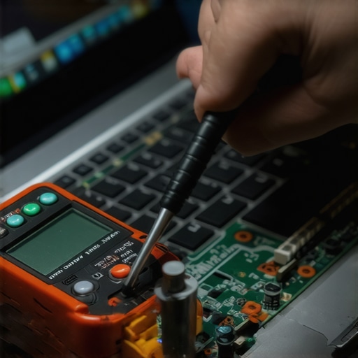 Advanced hardware diagnostic testing Technician testing a laptop motherboard with a multimeter to identify hardware vs software issues.