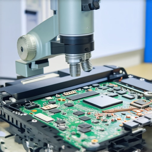 Technician using a digital microscope to diagnose a motherboard failure