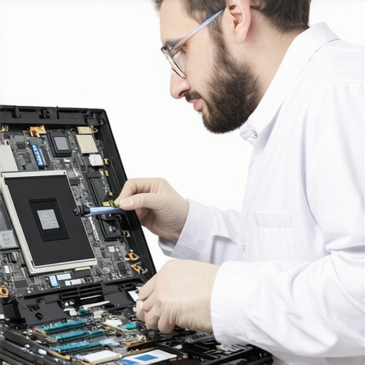 Technician inspecting internal laptop components for potential motherboard and screen issues.