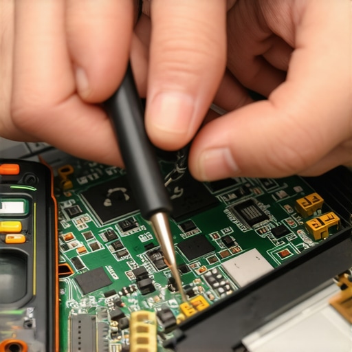 Technician using a multimeter to diagnose a laptop motherboard failure.
