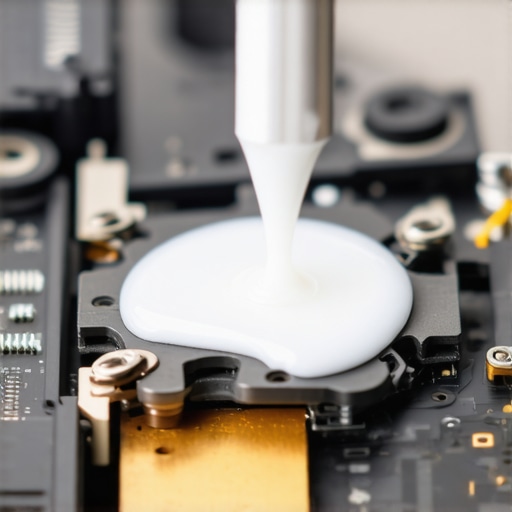Close up of a technician applying synthetic grease to a laptop hinge mechanism