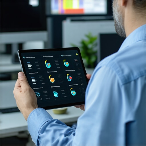 An IT professional managing business data security and user access from a central dashboard.