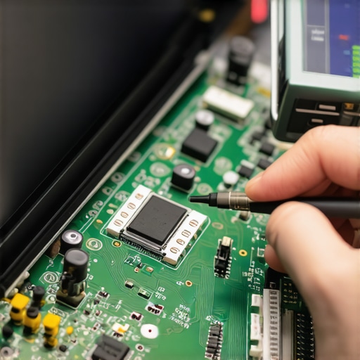 Close up of technician testing laptop motherboard for display power issues