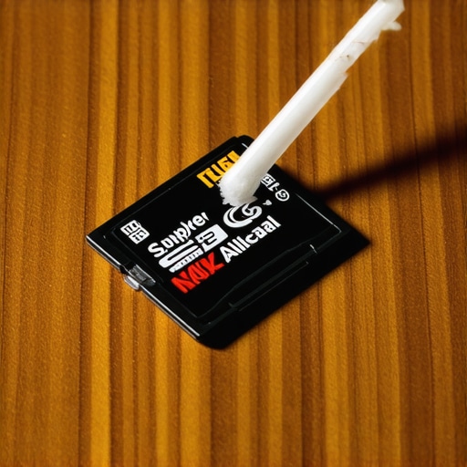 Person using a Q-tip to clean gold contacts on a microSD card for data recovery.