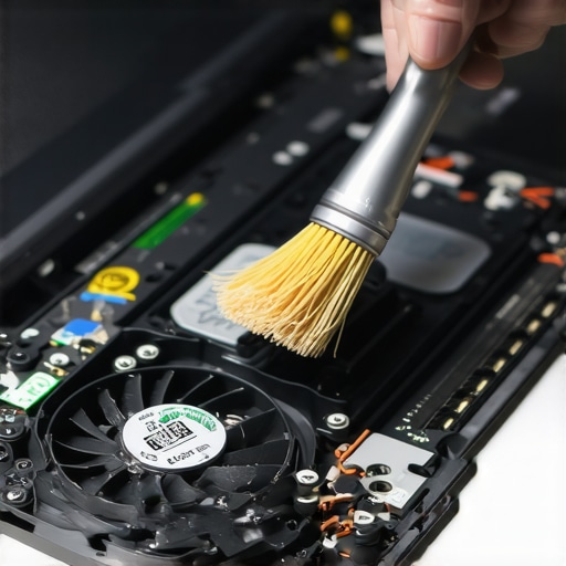 Technician cleaning dust from a laptop fan to improve performance and VPN speeds