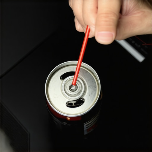 Close-up of a technician using compressed air and a toothpick to safely clean a laptop cooling fan