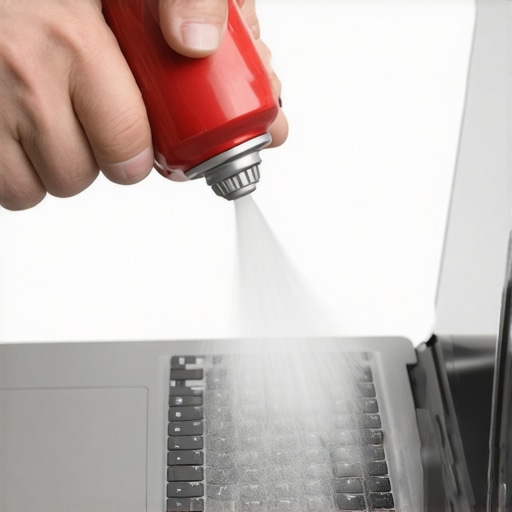 Technician using compressed air to clean a noisy laptop cooling fan