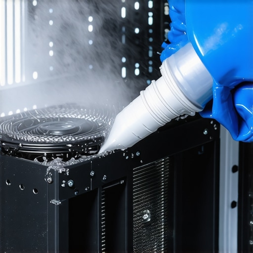A technician using compressed air to remove dust from a server cooling fan to prevent overheating.
