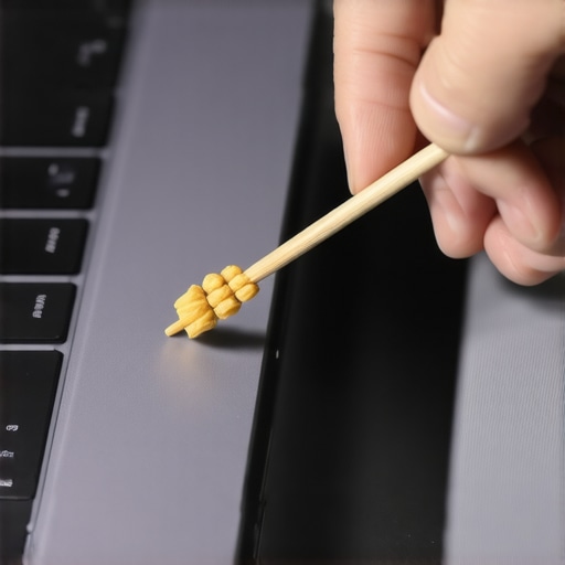 Close up of cleaning dust out of a laptop charging port using a wooden pick.