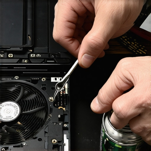 A technician holding laptop fan blades still while cleaning with compressed air.