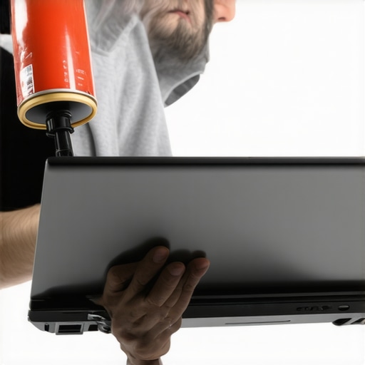 Close-up of using compressed air to remove debris from a laptop keyboard.