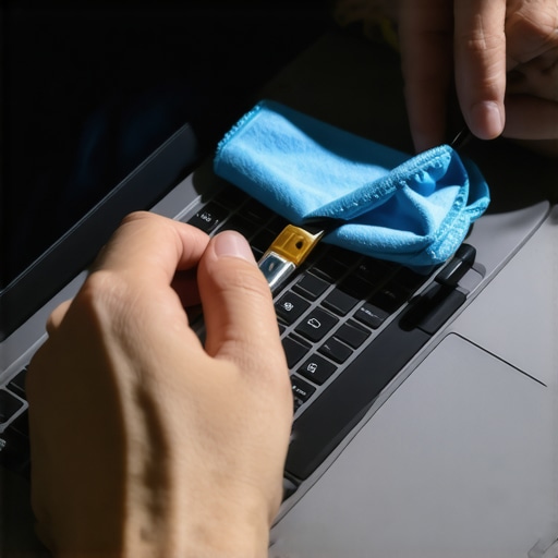 Man using a microfiber cloth to clean a silver laptop trackpad