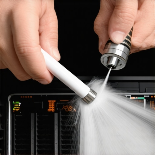 Cleaning dust from a laptop cooling system A technician using compressed air to remove dust from a laptop fan and heatsink to prevent overheating.