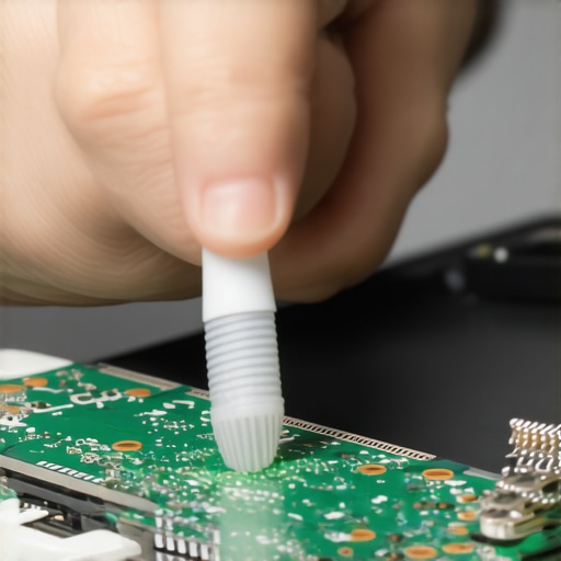 Technician cleaning a water damaged laptop logic board with a toothbrush and alcohol