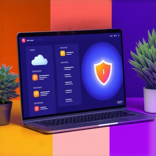 A laptop displaying a cloud security management interface with user access controls and digital security metrics.