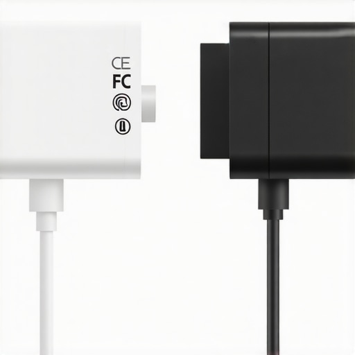 Close up of safety certification logos on a professional laptop power adapter.