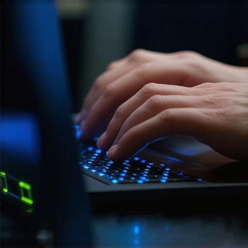 Close up of a person using a laptop to configure a network router for a stable office connection