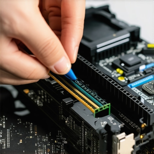 Close-up of a hand installing a RAM stick into a computer motherboard slot.