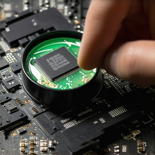 Technician inspecting liquid cooling damage on a laptop motherboard with a magnifying glass
