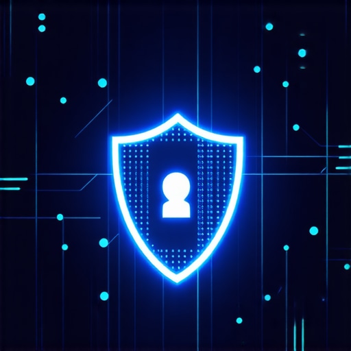 A high-tech computer screen displaying a secure data scan with a security shield icon